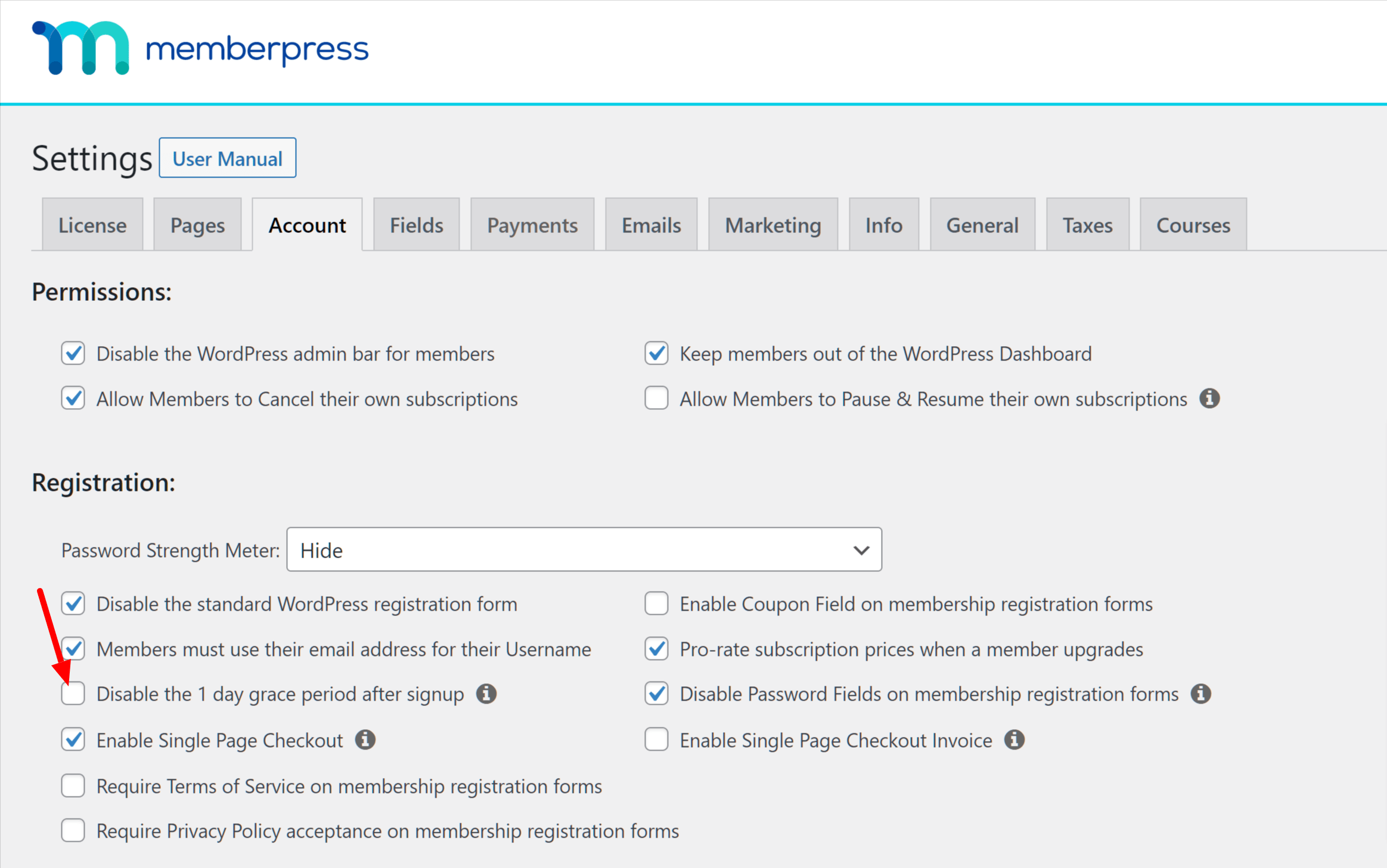 MemberPress grace period settings