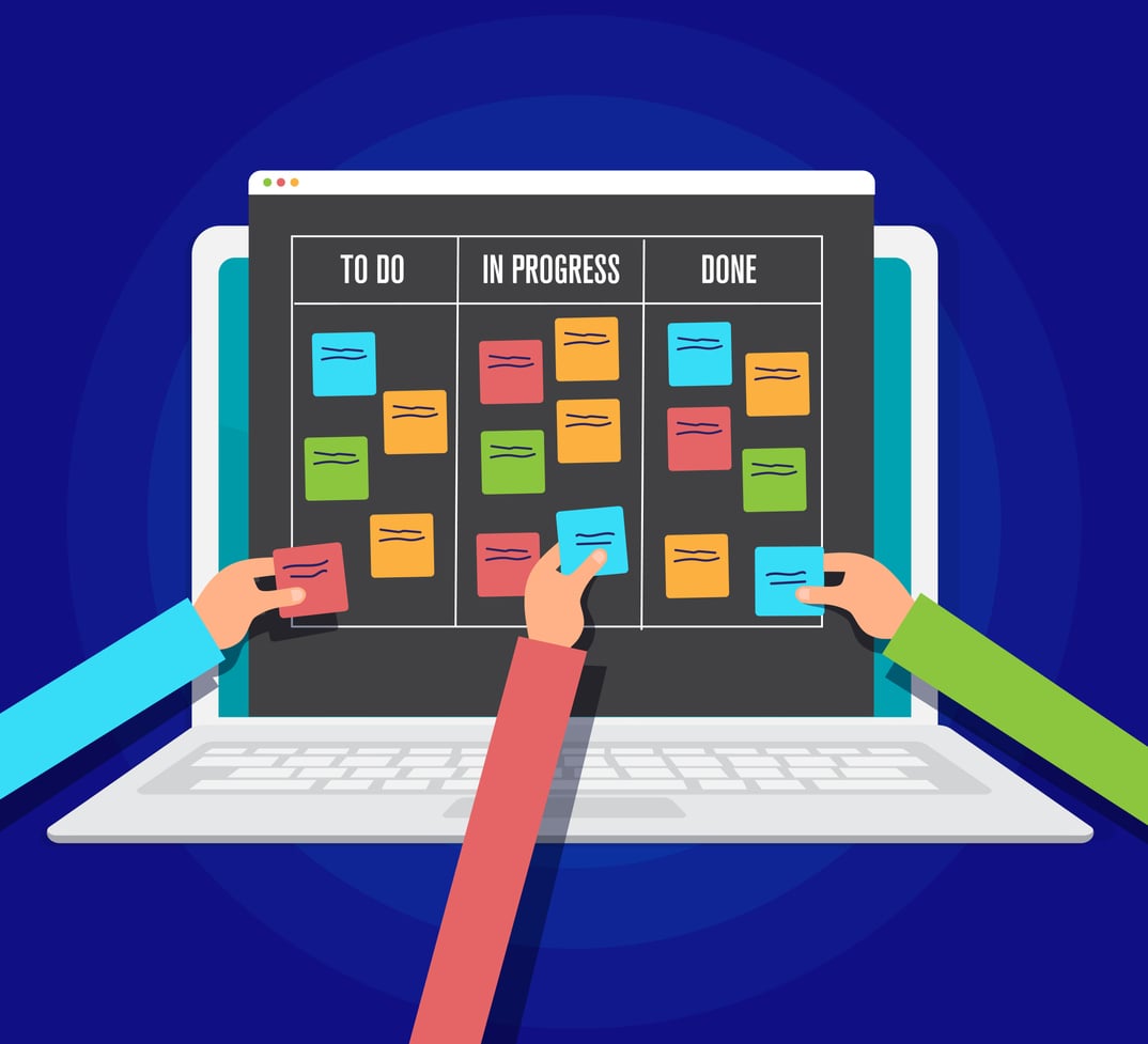 scrum management board, workflow project on tablet pc