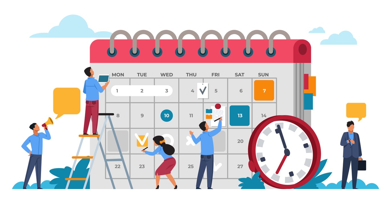 People planning concept. Entrepreneurship and calendar schedule planning. Vector business meeting and events organizing | MemberPress how to get event registrations