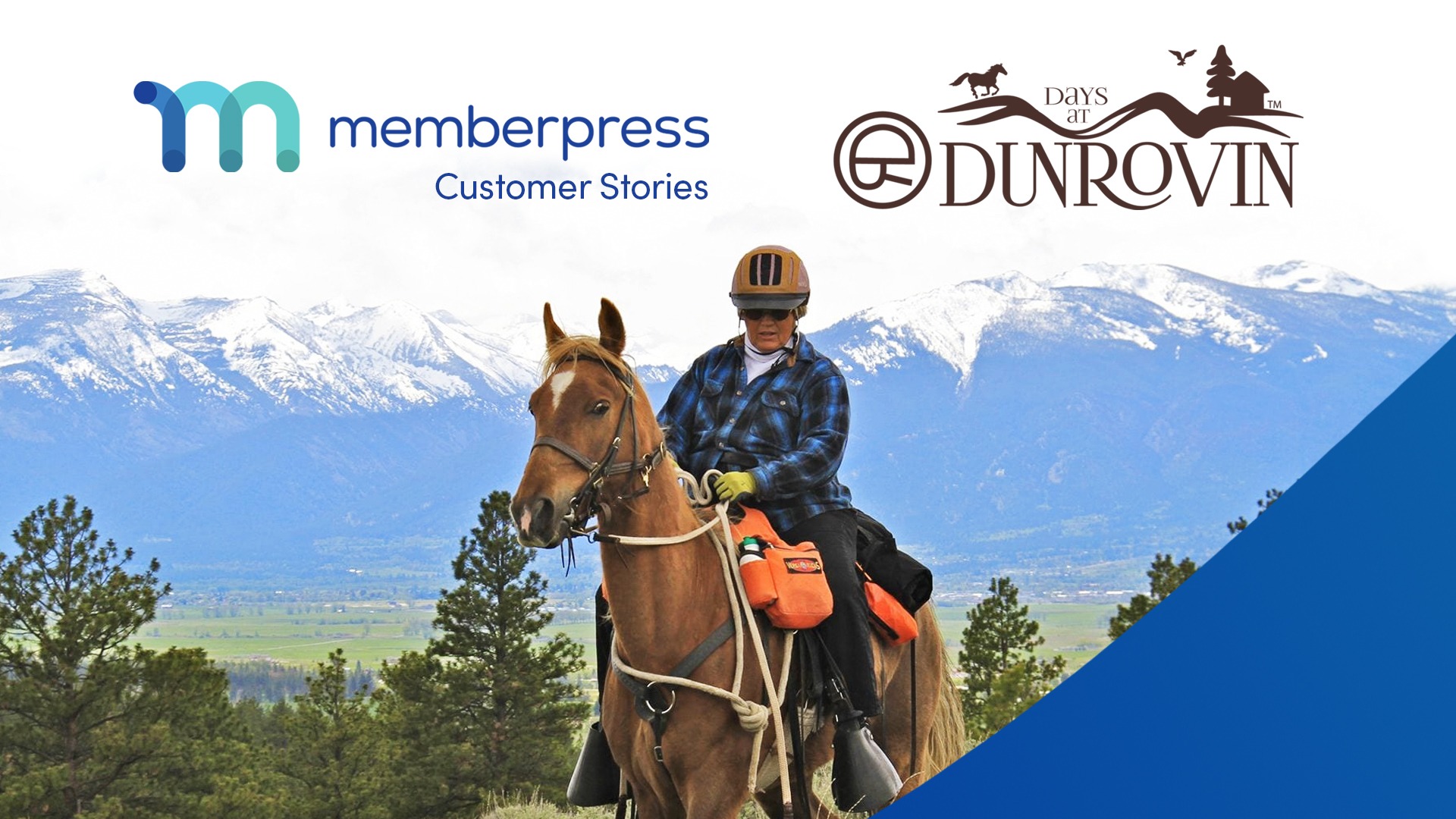 Una mujer monta a caballo frente a un paisaje montañoso. El texto de la parte superior dice "MemberPress Customer Stories", acompañado del logotipo de Days at Dunrovin.