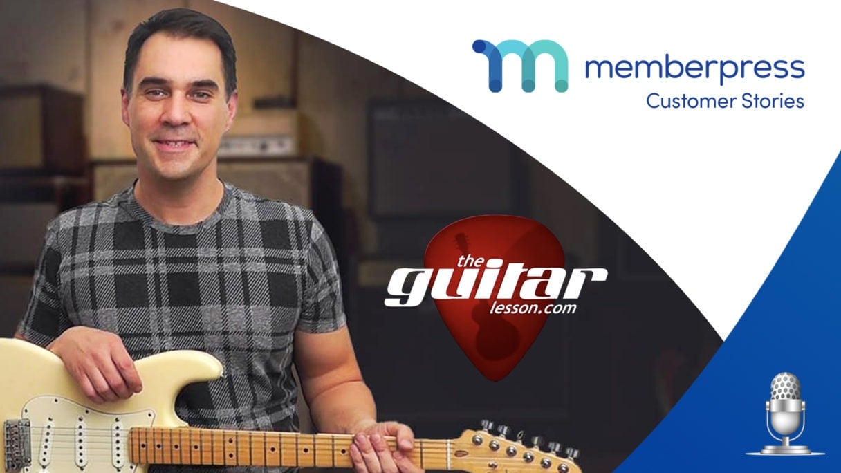 Tom Fontana holds a guitar. Text reads "MemberPress customer stories". TheGuitarLesson.com's logo is present, as is the MemberPress blogs.