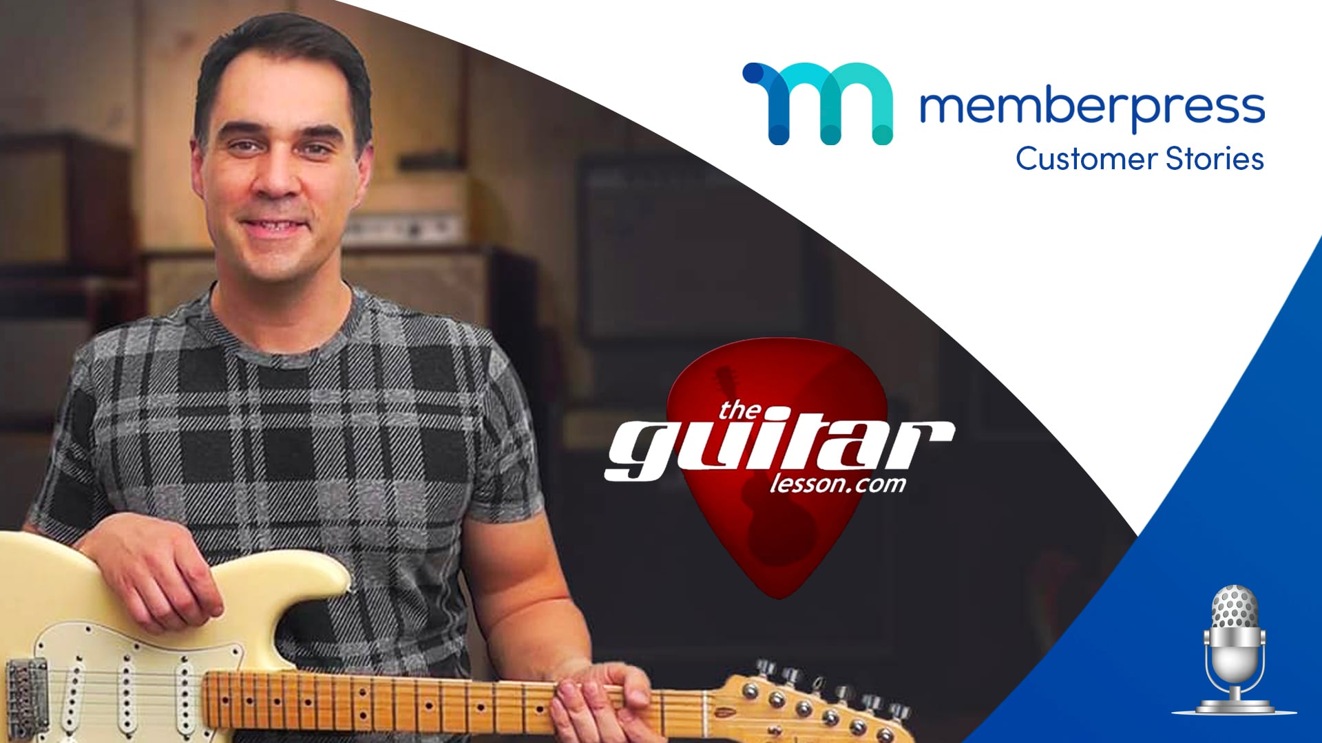 Tom Fontana holds a guitar. Text reads "MemberPress customer stories". TheGuitarLesson.com's logo is present, as is the MemberPress blogs.