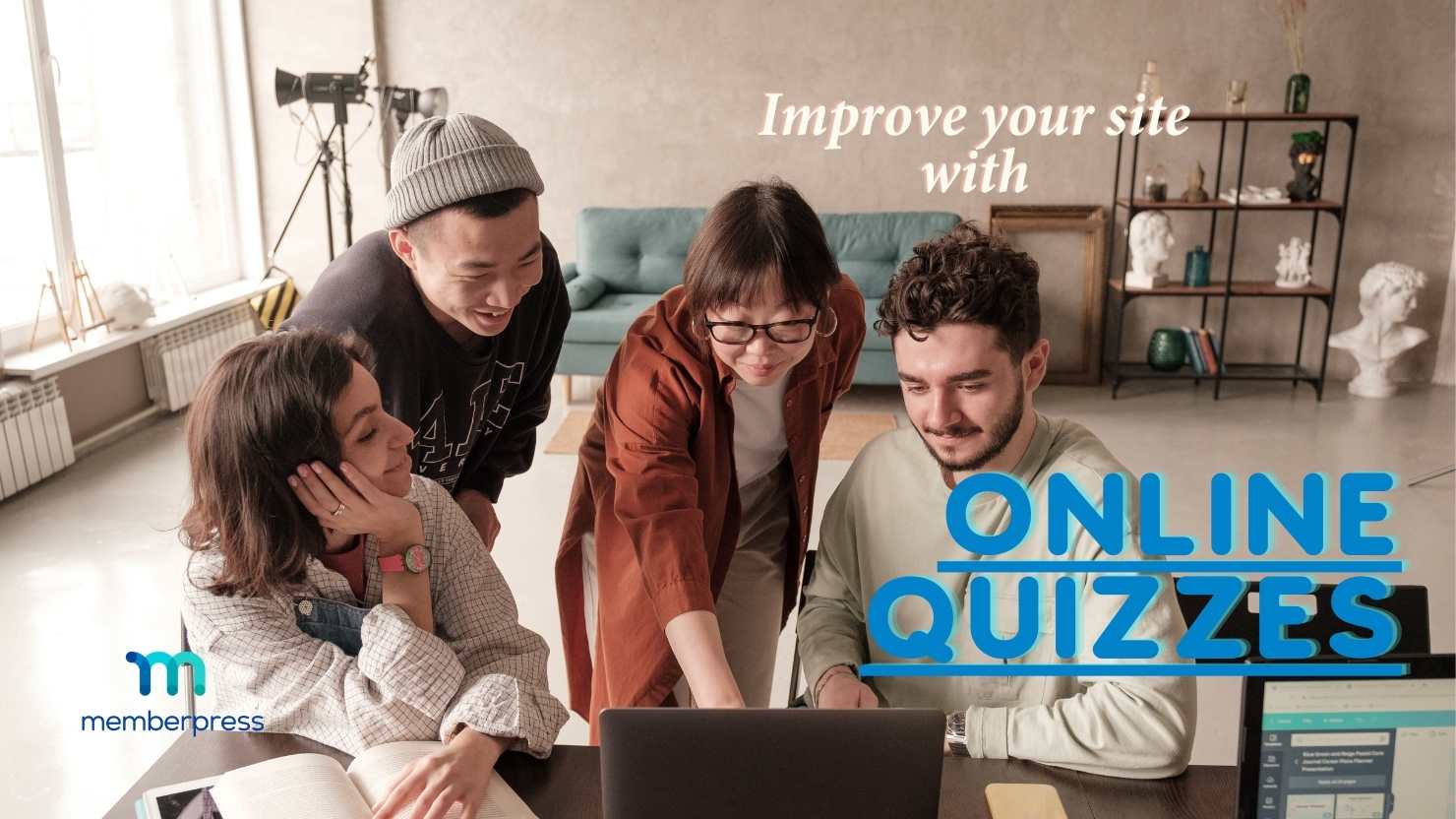 Der Text lautet "Verbessern Sie Ihre Website mit Online-Quizzen". Das Logo von memberpress ist vorhanden.