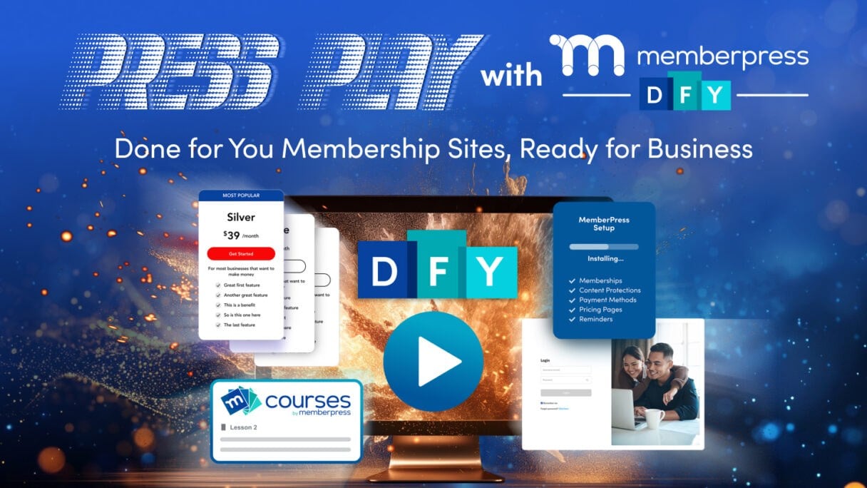 Done For You Membership SItes | MemberPress Image of a laptop with membership site and online course elements with the title "Introducing Done For You Membership Sites by MemberPress"