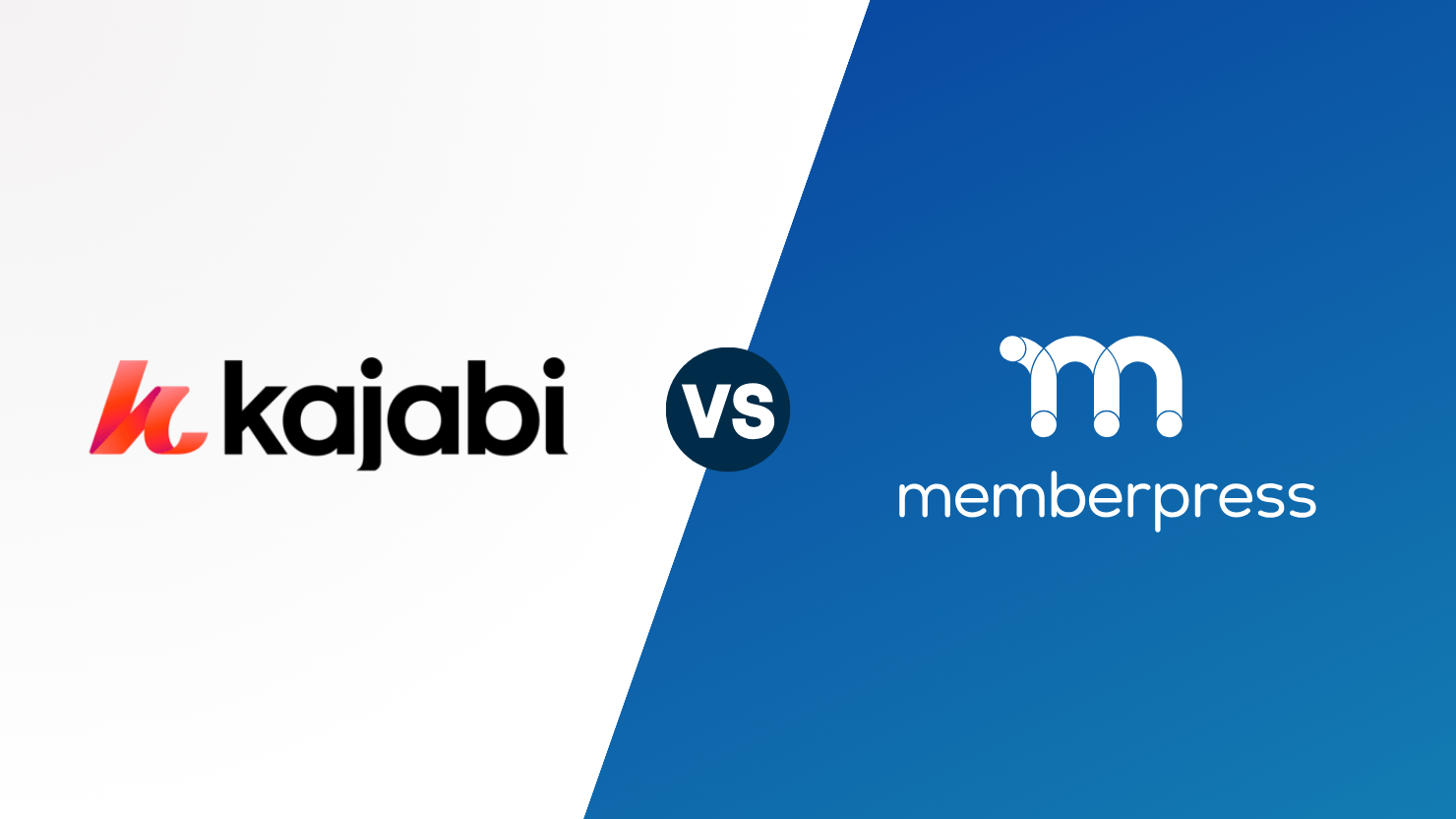 Kajabi vs MemberPress | MemberPress Comparison banner showing Kajabi logo on white left and MemberPress logo on blue right, separated by a dark 'VS' circle.