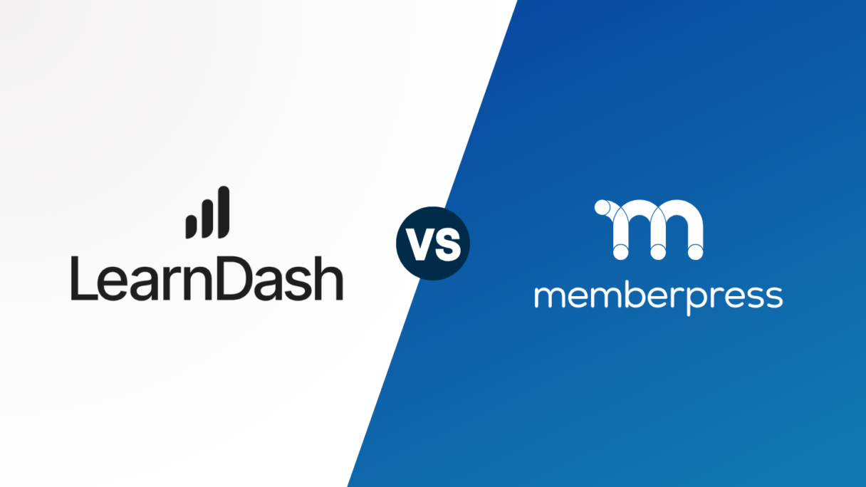 LearnDash vs MemberPress | MemberPress Left white panel with LearnDash logo and a tall bar icon, facing a blue right panel with MemberPress logo; 'VS' circle in center.
