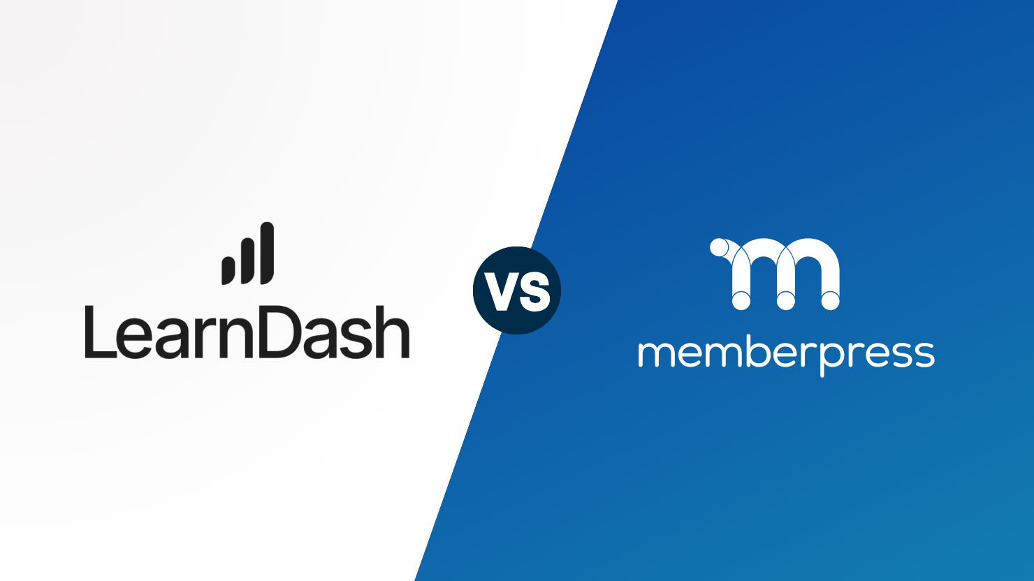 LearnDash vs MemberPress | MemberPress Left white panel with LearnDash logo and a tall bar icon, facing a blue right panel with MemberPress logo; 'VS' circle in center.