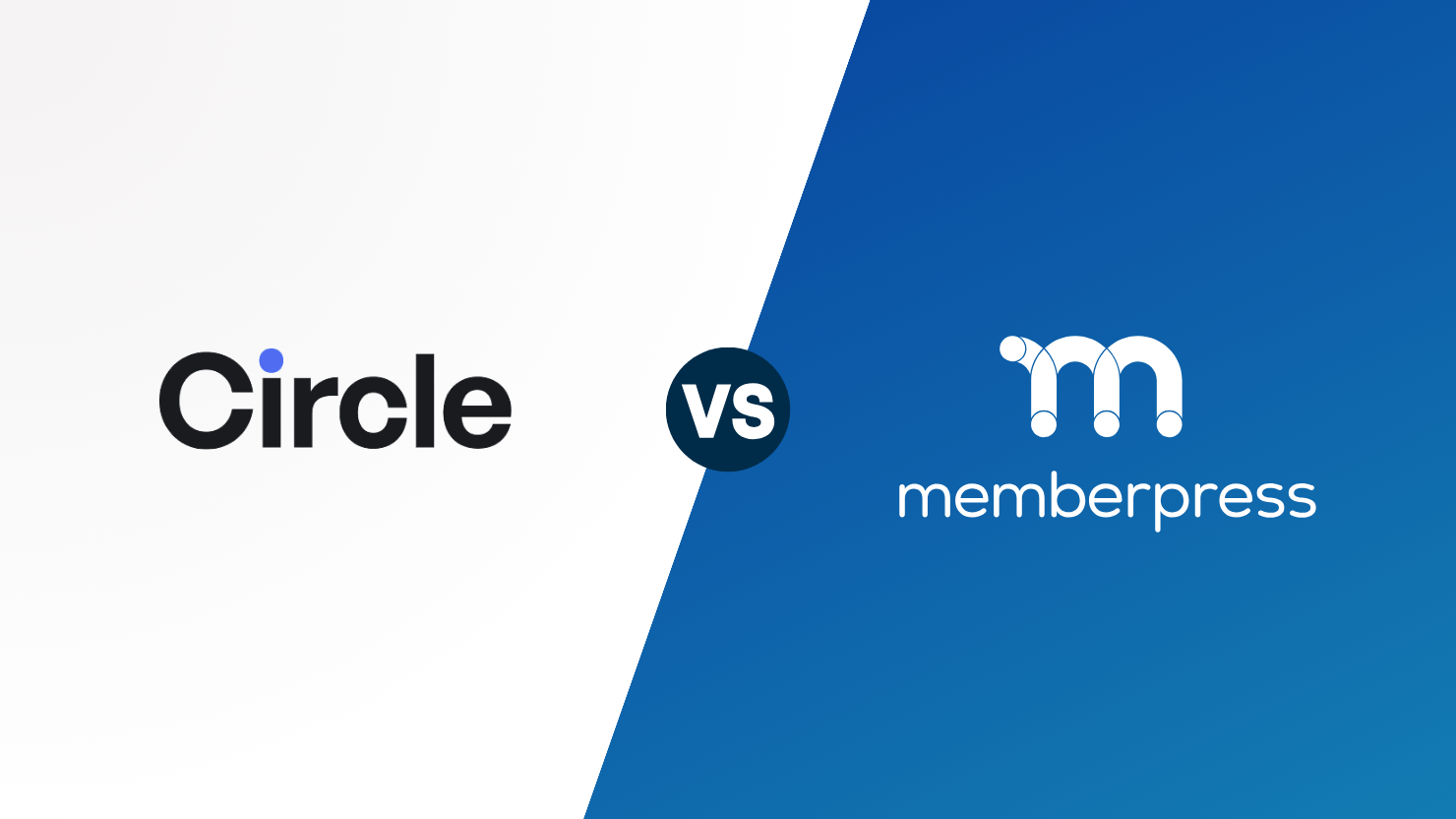 Circle vs MemberPress | MemberPress Circle vs MemberPress: branding logos on a diagonal white-blue split background.