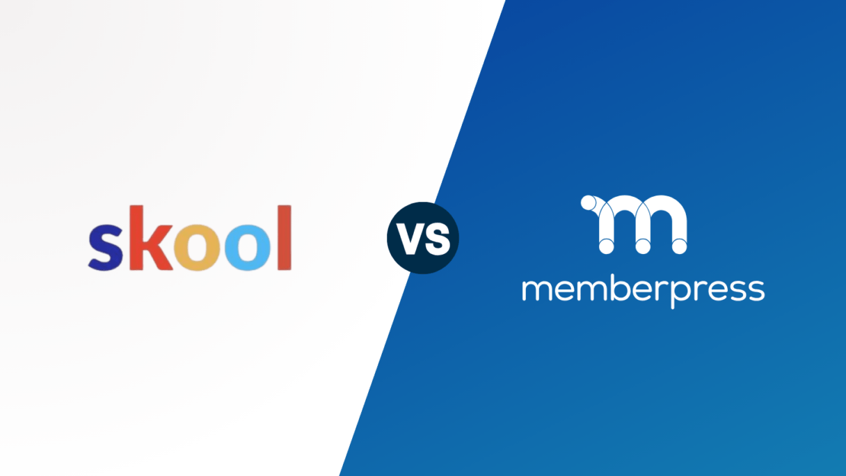 Skool vs MemberPress | MemberPress Comparison of Skool and MemberPress logos with a dark VS circle in the center on a white left half and blue diagonal-right background.