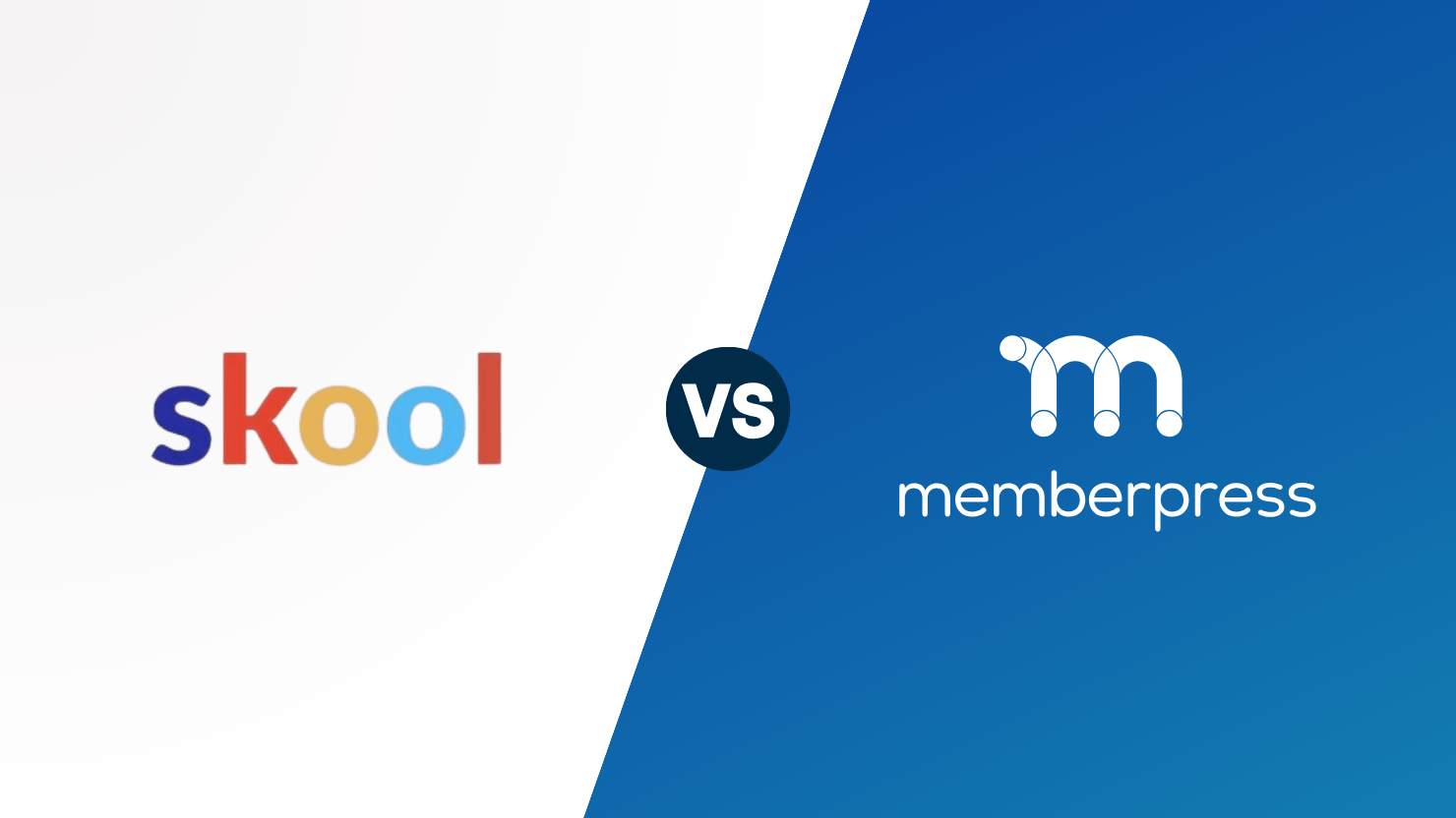 Skool vs MemberPress | MemberPress Comparison of Skool and MemberPress logos with a dark VS circle in the center on a white left half and blue diagonal-right background.