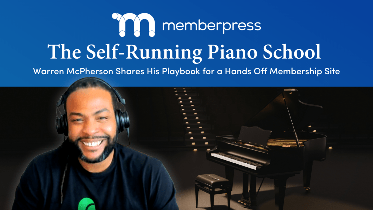 Piano lessons with Warren ft image | MemberPress Banner for The Self-Running Piano School featuring a smiling man with headphones beside a grand piano on a dark stage.
